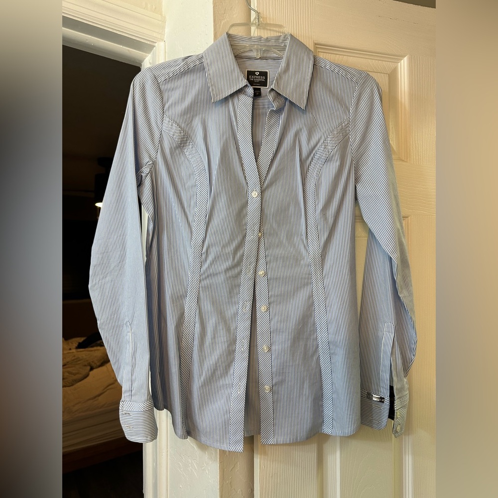 Express Blue Striped Button Down Blouse w/ leopard cuffs and under collar